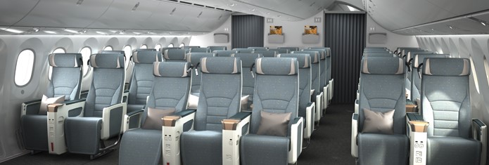 Dans une cabine d’avion : sièges, hublots, cloisons, coffres à bagages … sont des pièces thermoformées